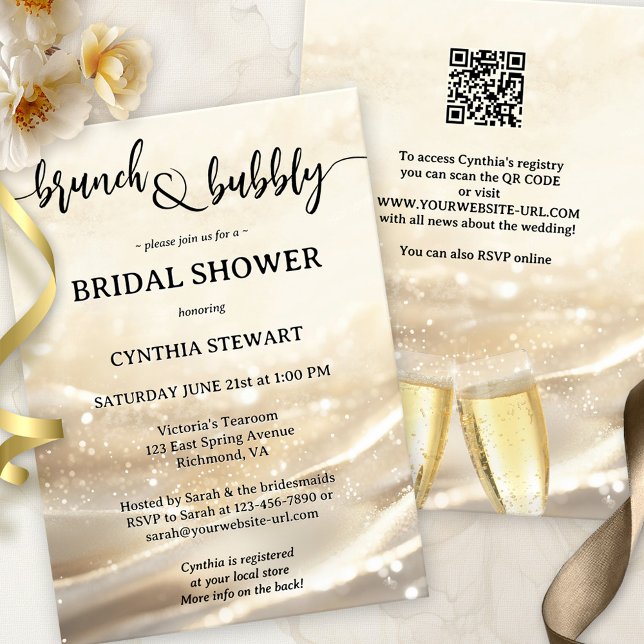Invitación Bruja dorada y ducha de novia burbujeante (Modern brunch and bubbly bridal shower invitation featuring a festive design with gold sparkles)
