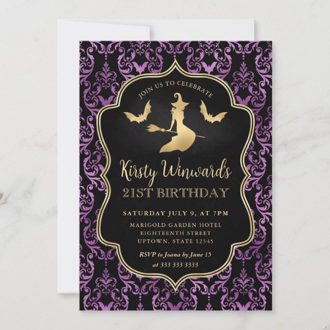 Invitación Bruja dorada y murciélagos Damask 21 cumpleaños (Anverso)