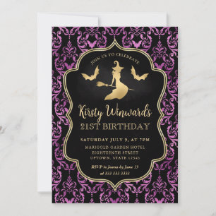 Invitación Bruja dorada y murciélagos Damask 21 cumpleaños
