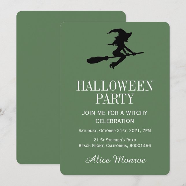 Invitación Bruja En Broomstick, Fiesta Halloween (Anverso / Reverso)