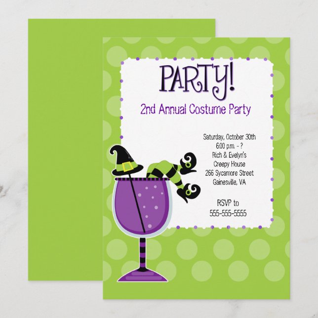 Invitación Bruja en fiesta de disfraces para adultos de cócte (Anverso / Reverso)