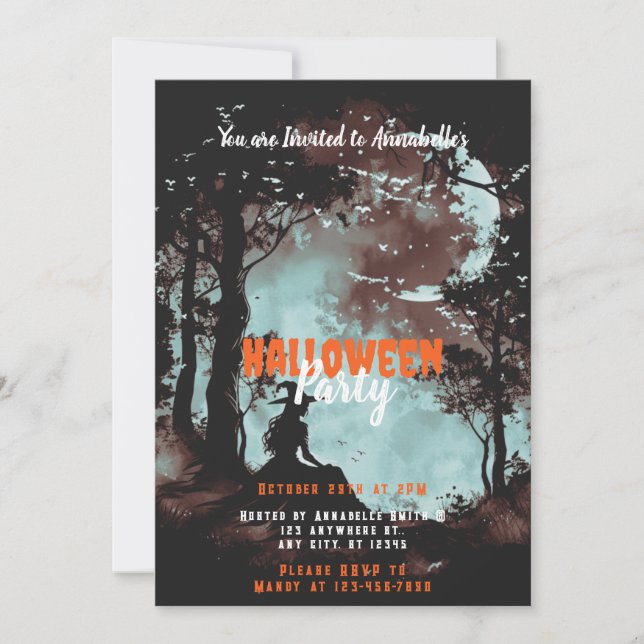 Invitación Bruja en la fiesta de Halloween de Woods Moon Bats (Anverso)