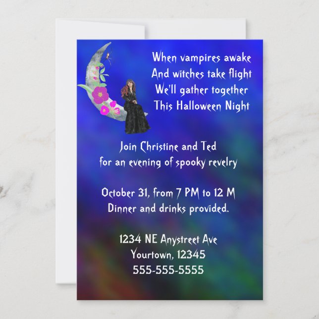 Invitación Bruja en la luna con fiesta de Halloween con flore (Anverso)