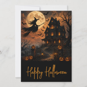 Invitación Bruja espeluznante de Halloween volando sobre casa