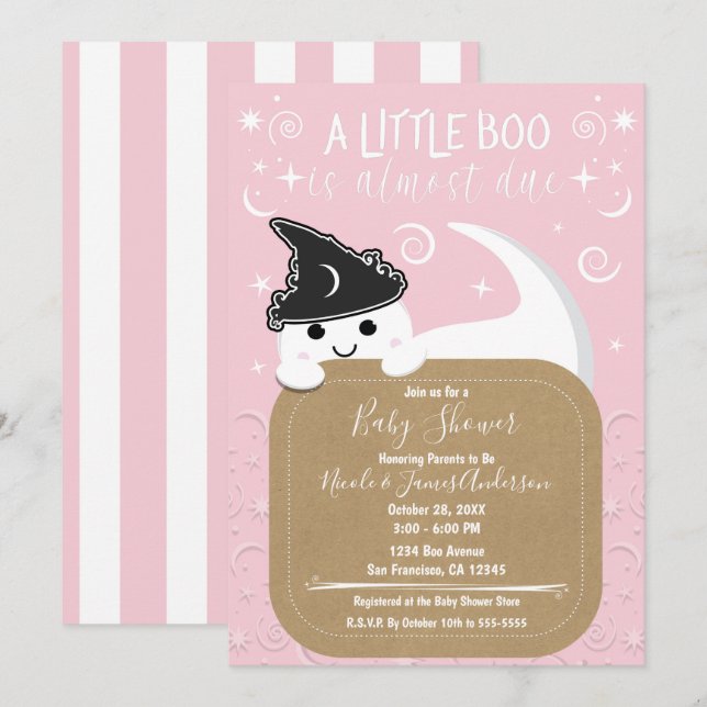 Invitación Bruja Fantasma Boo Rosa Fiesta de Bebé de Hallowee (Anverso / Reverso)