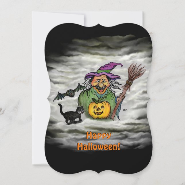 Invitación Bruja , Gato , Murciélago y Calabaza , Feliz Hallo (Anverso)