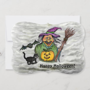 Invitación Bruja , Gato , Murciélago y Calabaza , Feliz Hallo