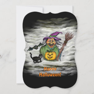 Invitación Bruja, Gato, Murciélago y Calabaza, ¡Feliz Hallowe
