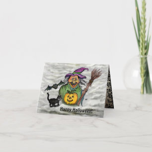 Invitación Bruja, Gato, Murciélago y Calabaza, ¡Feliz Hallowe