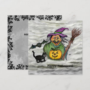 Invitación Bruja, Gato, Murciélago y Calabaza, ¡Feliz Hallowe