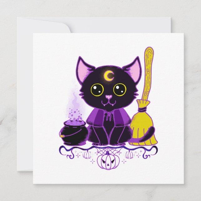 Invitación Bruja Gato Negro Cute de Halloween (Anverso)