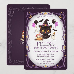 Invitación Bruja Gato Negro Mágico Cumpleaños 1