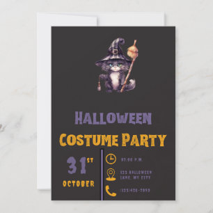 Invitación Bruja Gato Negro Sombrero Escoba Moderno Negro Hal