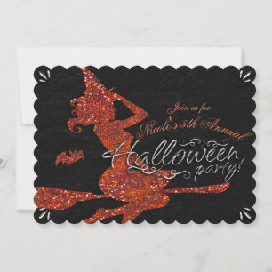 Invitación Bruja Glam Vuela en Escoba Fiesta de Halloween