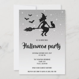 Invitación Bruja Glamurosa de Plata y Negro Fiesta de Hallowe
