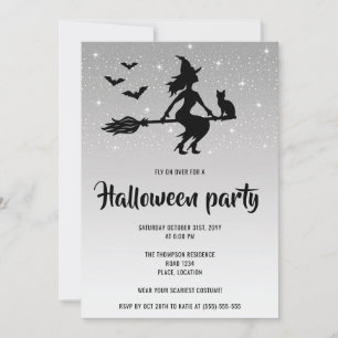 Invitación Bruja Glamurosa de Plata y Negro Fiesta de Hallowe