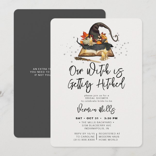 Invitación Bruja golpeada Gray Halloween Bridal Shower (Anverso / Reverso)