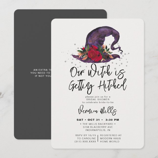 Invitación Bruja golpeada Gray Halloween Bridal Shower (Anverso / Reverso)