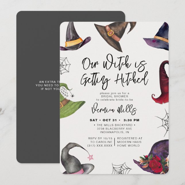 Invitación Bruja golpeada Gray Halloween Bridal Shower (Anverso / Reverso)