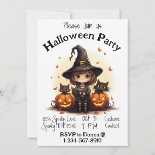 Invitación Bruja linda con calabazas y gatitos