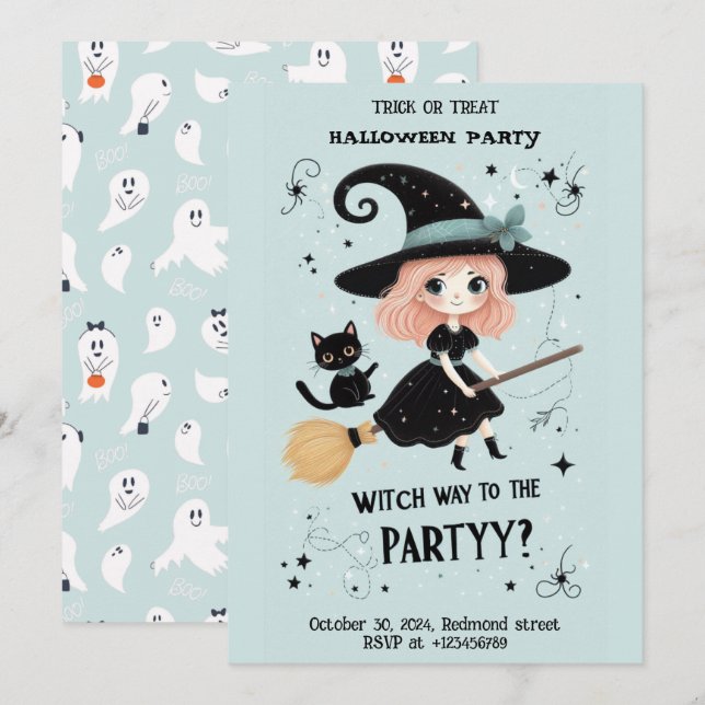 Invitación Bruja linda con fiesta de Halloween Pun (Anverso / Reverso)
