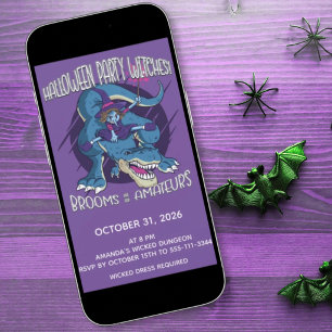 Invitación Bruja malvada en ilustración de T-Rex fiesta de Ha
