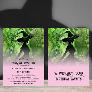 Invitación Bruja Malvadamente Buena Rosa Claro y Verde Cumple