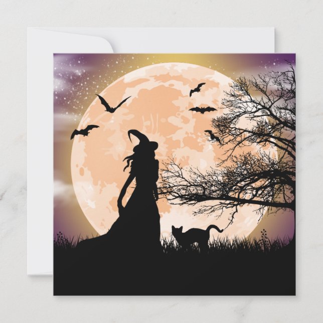 Invitación Bruja mística y gato Luna llena (Anverso)