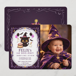 Invitación Bruja Monada Gato Negro Mago 1er Cumpleaños