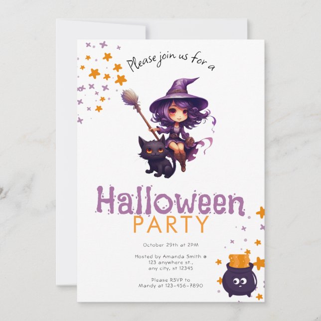 Invitación Bruja morada haitiana y fiesta de Halloween del ga (Anverso)