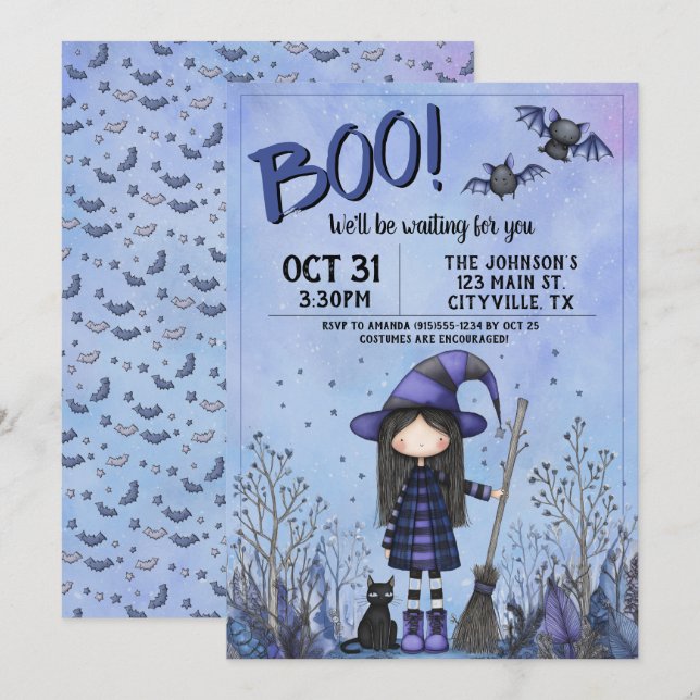 Invitación Bruja Morada Linda para Halloween de Niños (Anverso / Reverso)