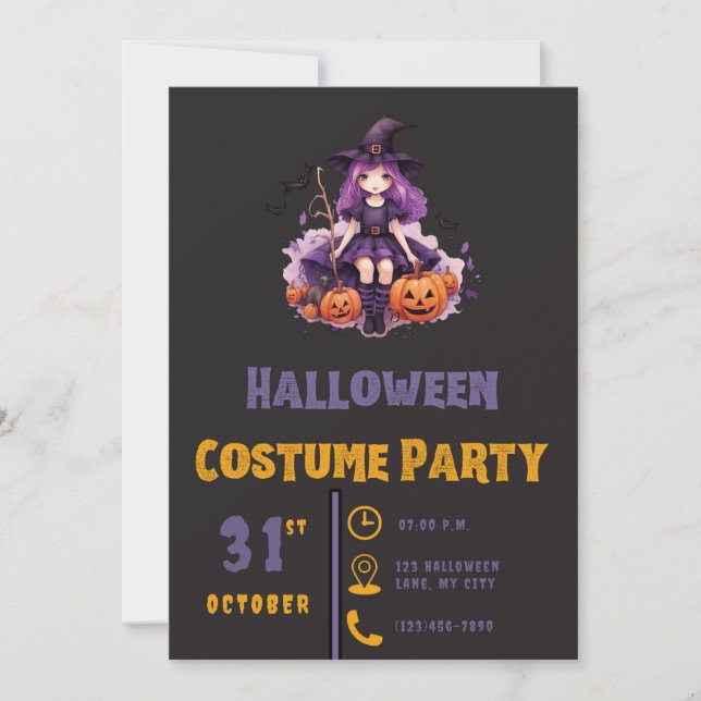 Invitación Bruja morada y calabazas Halloween negro (Anverso)