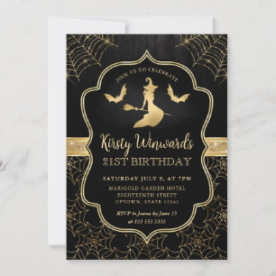 Invitación Bruja negra y dorada y murciélagos Damask 21 cumpl