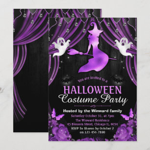 Invitación Bruja Negra y Morada y Cortinas Brillantes de Hall