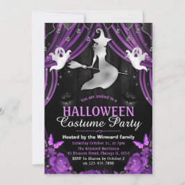 Invitación Bruja negra y morada y cortinas brillantes de Hall