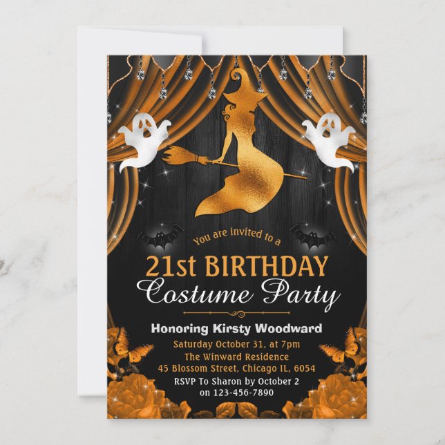 Invitación Bruja negra y Naranja y cortina 21º cumpleaños (Anverso)