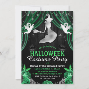 Invitación Bruja negra y verde y cortinas brillantes de Hallo