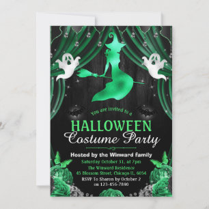 Invitación Bruja negra y verde y cortinas brillantes de Hallo