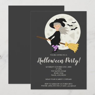 Invitación Bruja Niña Linda Vuela En Una Escoba Fiesta De Hal