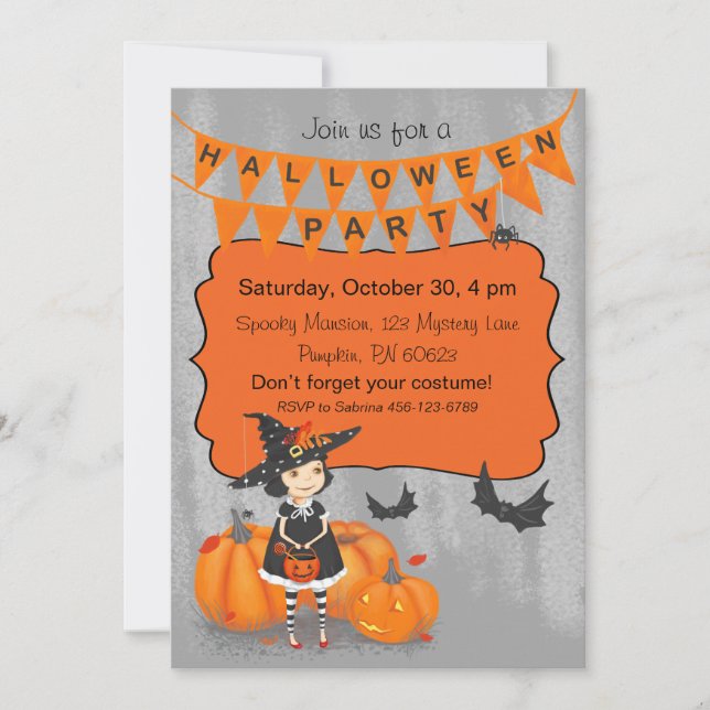 Invitación Bruja Pequeña de Halloween Monada (Anverso)