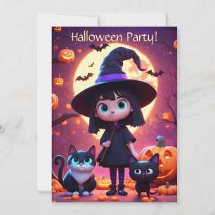 Invitación Bruja pequeña y linda con gatos y calabazas, perso