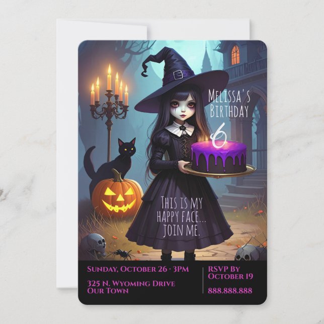 Invitación Bruja púrpura, imbécil lindo cumpleaños temible (Anverso)