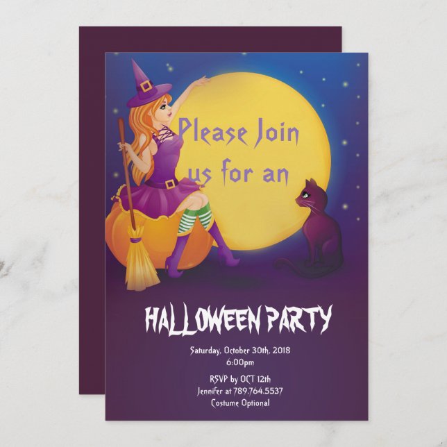 Invitación bruja sentada en la calabaza con la fiesta de Hall (Anverso / Reverso)