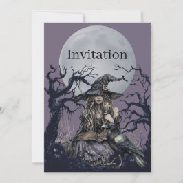 Invitación Bruja siniestra lanzando un hechizo en un bosque o