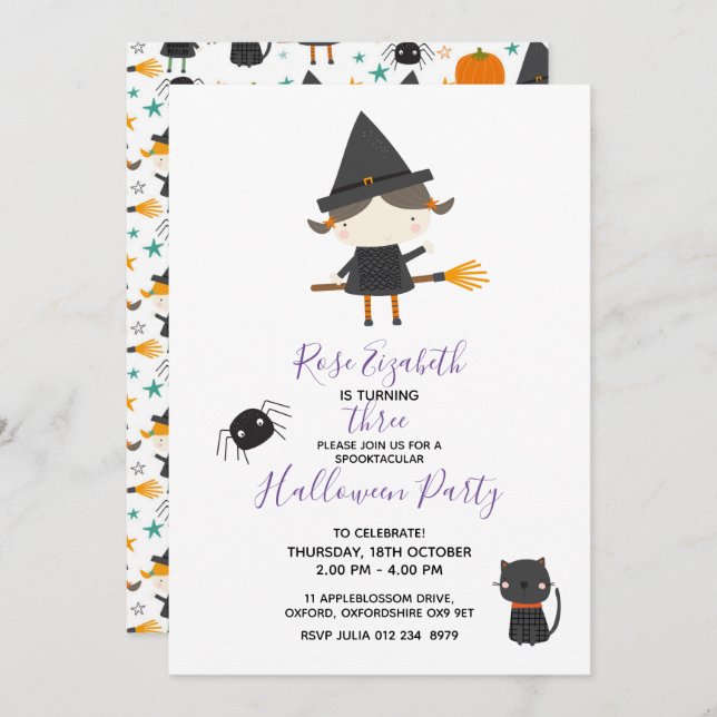 Invitación Bruja Super Linda Cumpleaños de Halloween (Anverso / Reverso)