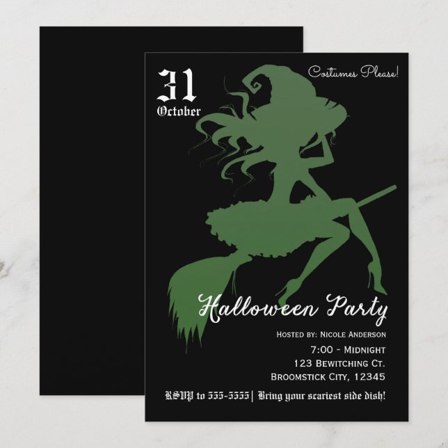 Invitación Bruja Verde Escoba Voladora Fiesta de Halloween (Anverso / Reverso)