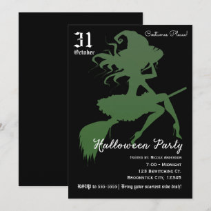 Invitación Bruja Verde Escoba Voladora Fiesta de Halloween