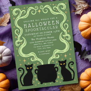 Invitación Bruja Verde Gato Negro Caldero Fiesta de Halloween