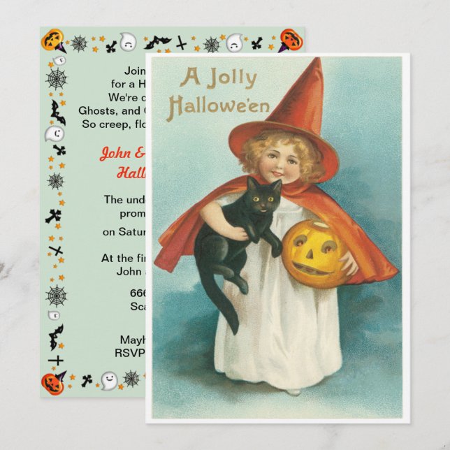Invitación Bruja Vintage Monada Con Gato Halloween (Anverso / Reverso)