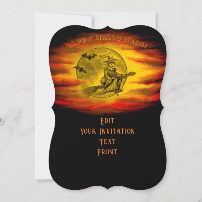Invitación Bruja voladora con gato negro, noche de halloween (Anverso)
